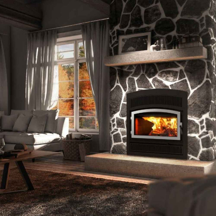 Valcourt Lafayette II high efficiency wood burning fireplace with black arched faceplate and urban style faceplate louver and brushed nickel door overlay