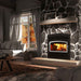 Valcourt Lafayette II high efficiency wood burning fireplace with black arched faceplate and urban style faceplate louver and brushed nickel door overlay