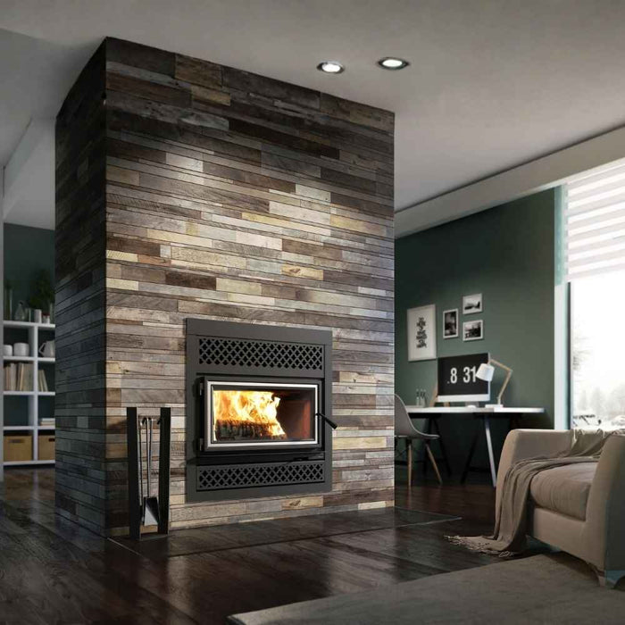 Valcourt Lafayette IIS High Efficiency Wood Burning Fireplace installed in a customized wall in a modern style living room