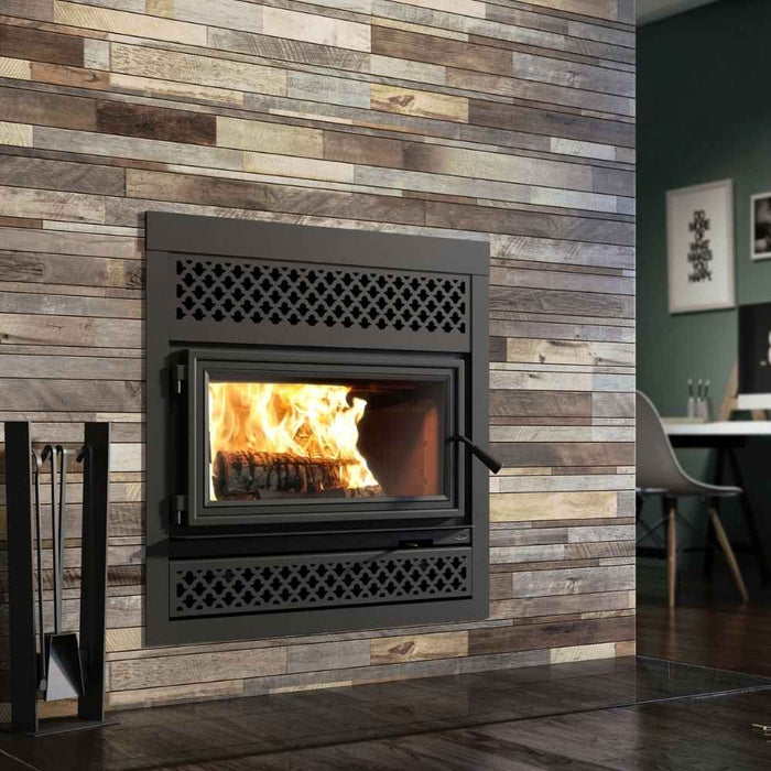 Valcourt Lafayette IIS high efficiency wood burning fireplace with black square faceplate and arabesque style faceplate louver and black door overlay