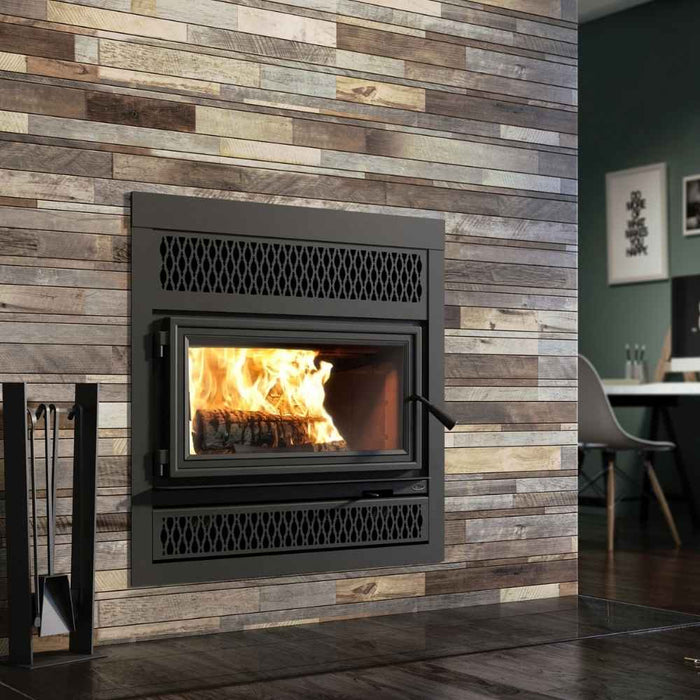 Valcourt Lafayette IIS high efficiency wood burning fireplace with black square faceplate and classic style faceplate louver and black door overlay