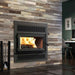 Valcourt Lafayette IIS high efficiency wood burning fireplace with black square faceplate and classic style faceplate louver and black door overlay