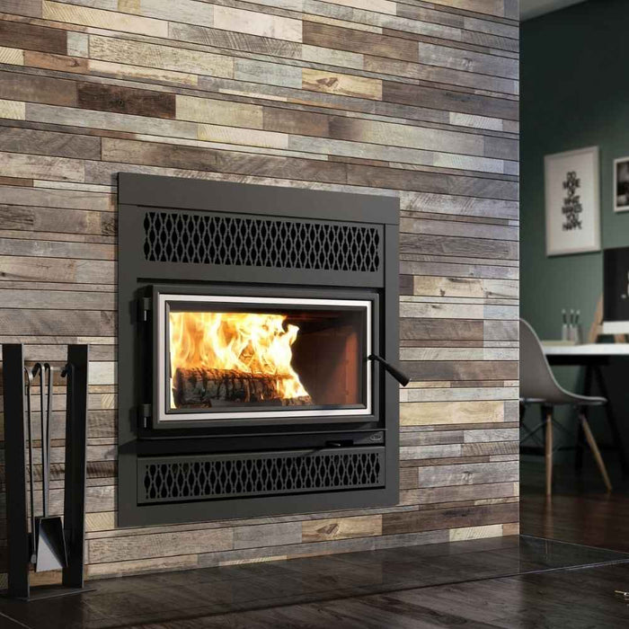 Valcourt Lafayette IIS high efficiency wood burning fireplace with black square faceplate and classic style faceplate louver and brushed nickel door overlay