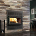 Valcourt Lafayette IIS high efficiency wood burning fireplace with black square faceplate and mission style faceplate louver and black door overlay