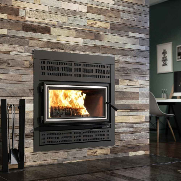 Valcourt Lafayette IIS high efficiency wood burning fireplace with black square faceplate and mission style faceplate louver and brushed nickel door overlay
