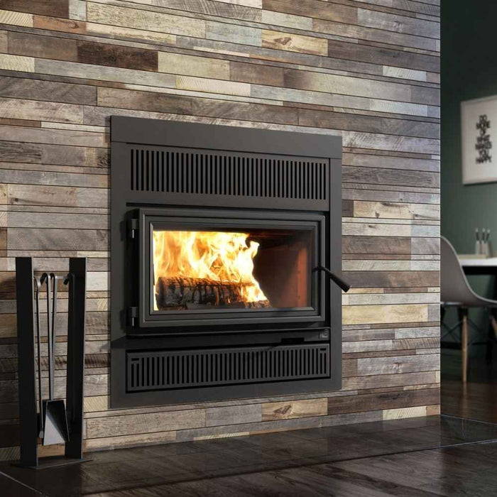 Valcourt Lafayette IIS high efficiency wood burning fireplace with black square faceplate and urban style faceplate louver and black door overlay