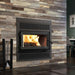 Valcourt Lafayette IIS high efficiency wood burning fireplace with black square faceplate and urban style faceplate louver and black door overlay