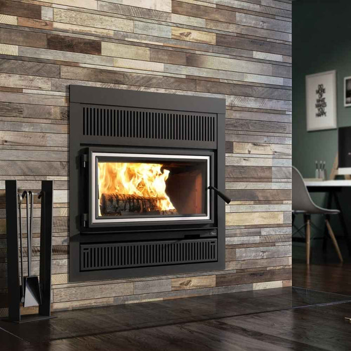 Valcourt Lafayette IIS high efficiency wood burning fireplace with black square faceplate and urban style faceplate louver and brushed nickel door overlay