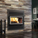 Valcourt Lafayette IIS high efficiency wood burning fireplace with black square faceplate and urban style faceplate louver and brushed nickel door overlay