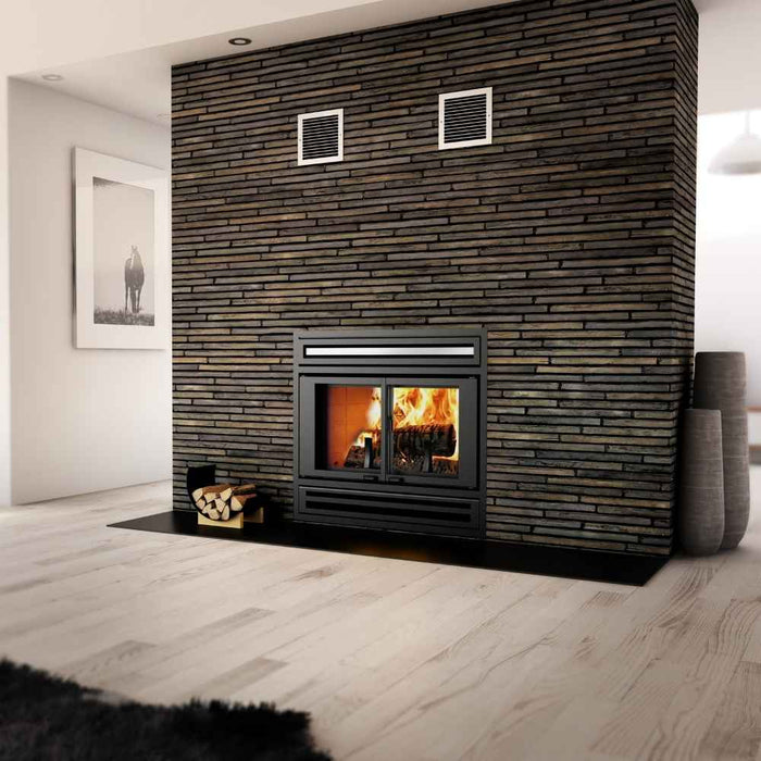 Valcourt Manoir wood burning fireplace with black modern faceplate and with traditional gravity kit installed