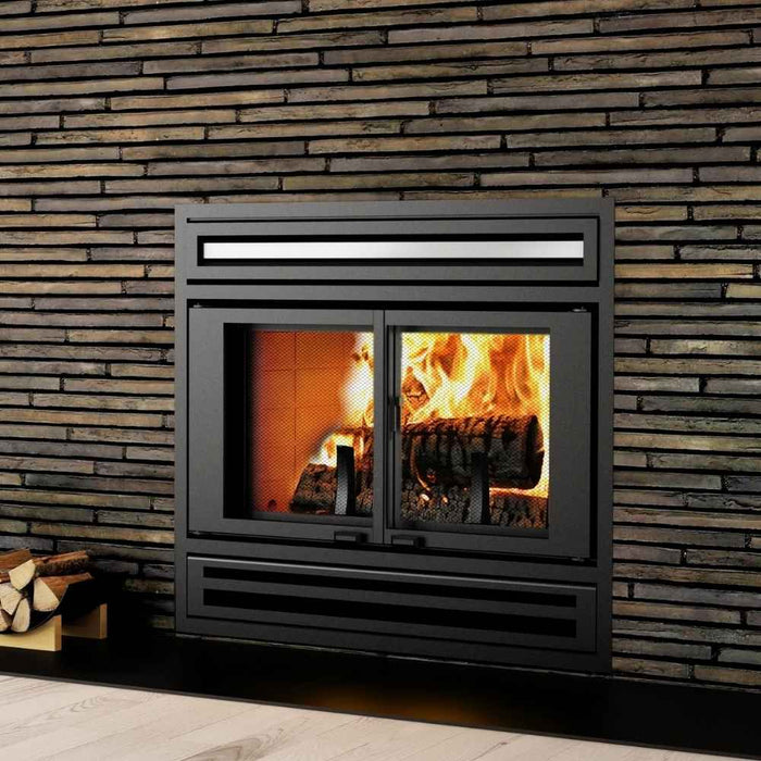 Valcourt Manoir wood burning fireplace with black modern faceplate installed