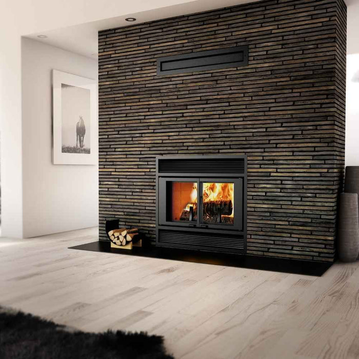 Valcourt Manoir wood burning fireplace with black traditional faceplate and with modern gravity kit installed