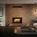 Valcourt Mundo II high efficiency wood burning fireplace with modern gravity kit installed in a living room