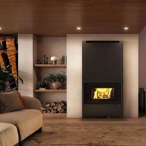 Modern living room featuring a tall, black Valcourt St-Louis high-efficiency wood fireplace.