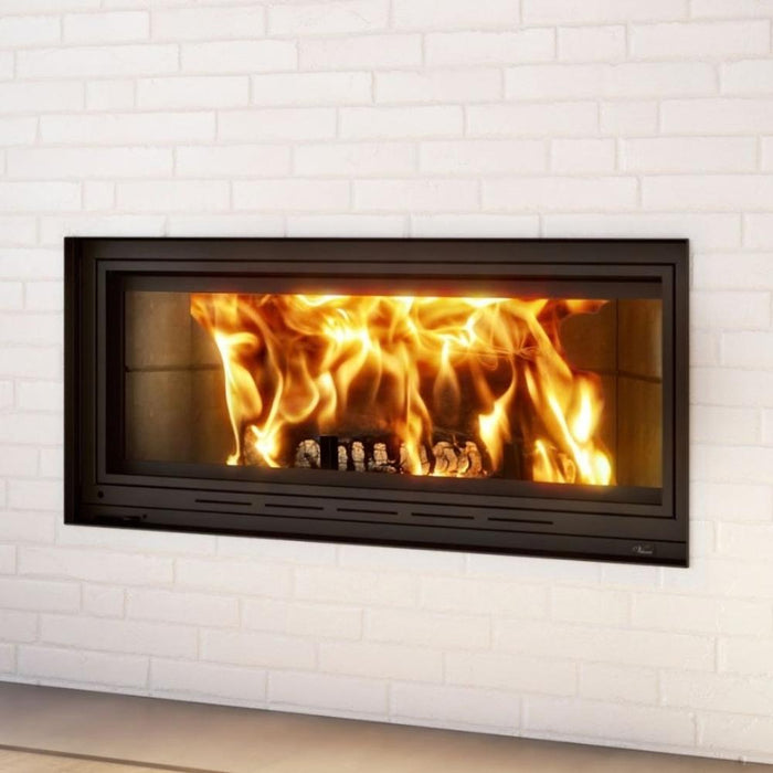Valcourt St-Laurent linear wood-burning fireplace in contemporary moulded brick panels and straight masonry trim flush finish for brick stone