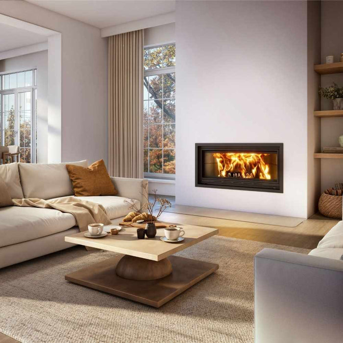 Valcourt St-Laurent linear wood-burning fireplace in contemporary moulded brick panels and straight narrow overlap thin facing material tile installed in a modern living room with clean white accent wall. 