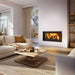 Valcourt St-Laurent linear wood-burning fireplace in contemporary moulded brick panels and straight narrow overlap thin facing material tile installed in a modern living room with clean white accent wall. 