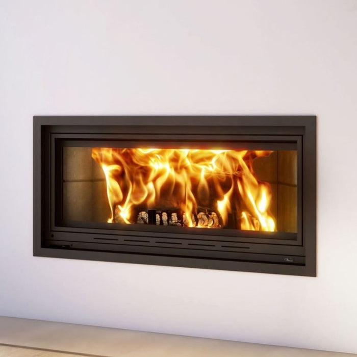 Valcourt St-Laurent linear wood-burning fireplace in contemporary moulded brick panels and straight narrow overlap thin facing material tile