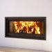 Valcourt St-Laurent linear wood-burning fireplace in contemporary moulded brick panels and straight narrow overlap thin facing material tile