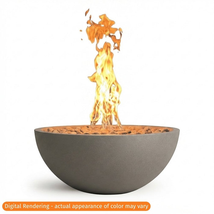 Warming Trends AON Aura 32" concrete fire bowl in color charcoal with a tall, active flame rising from the lava rock media.