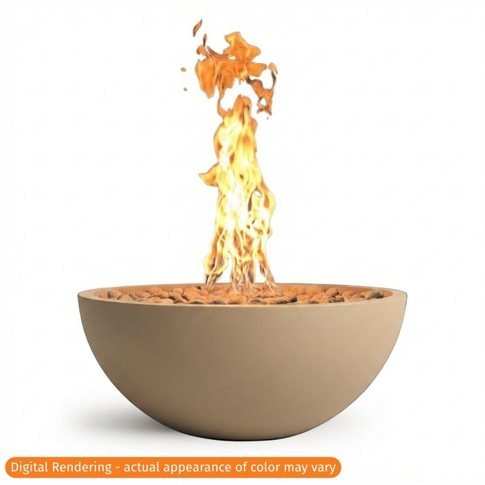 Warming Trends AON Aura 32" concrete fire bowl in color sand with a tall, active flame rising from the lava rock media.