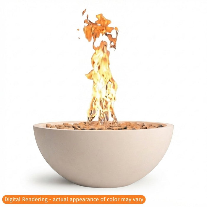 Warming Trends AON Aura 32" concrete fire bowl in color white with a tall, active flame rising from the lava rock media.