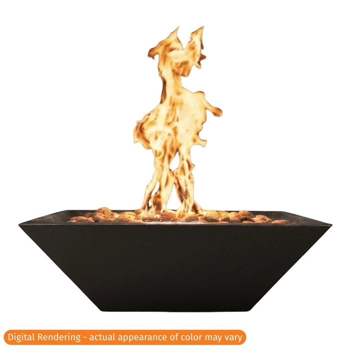 Warming Trends AON Ember 24" square concrete fire bowl in color black with a tall, active flame rising from the rock media, isolated on a white background.