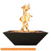 Warming Trends AON Ember 24" square concrete fire bowl in color black with a tall, active flame rising from the rock media, isolated on a white background.