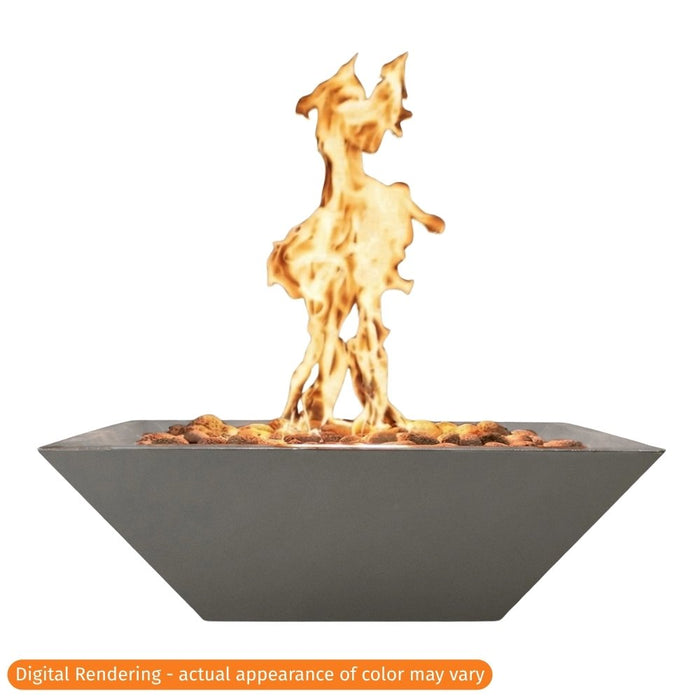 Warming Trends AON Ember 24" square concrete fire bowl in color charcoal with a tall, active flame rising from the rock media, isolated on a white background.