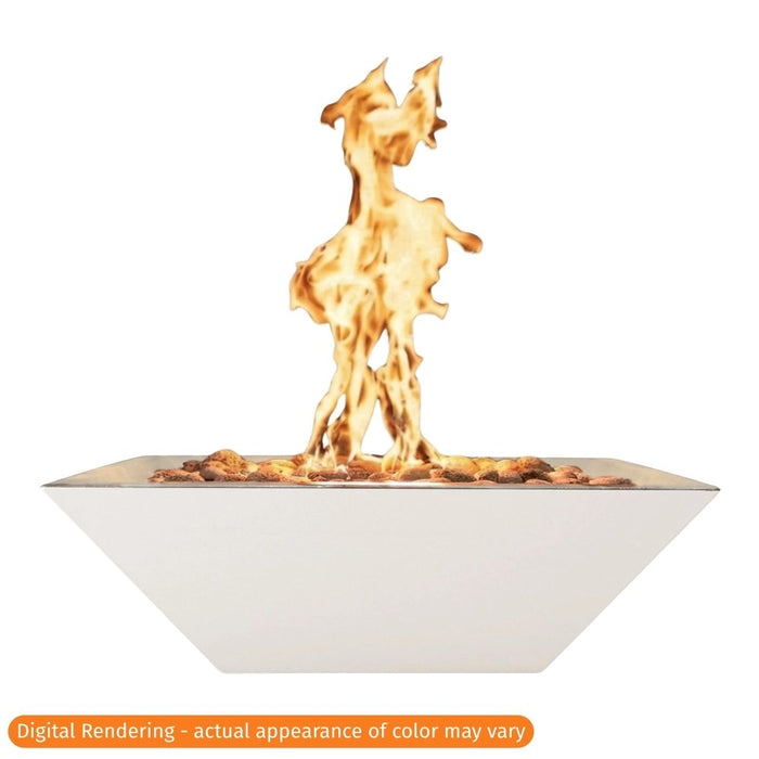 Warming Trends AON Ember 31" square concrete fire bowl in color white with a tall, active flame rising from the rock media, isolated on a white background.