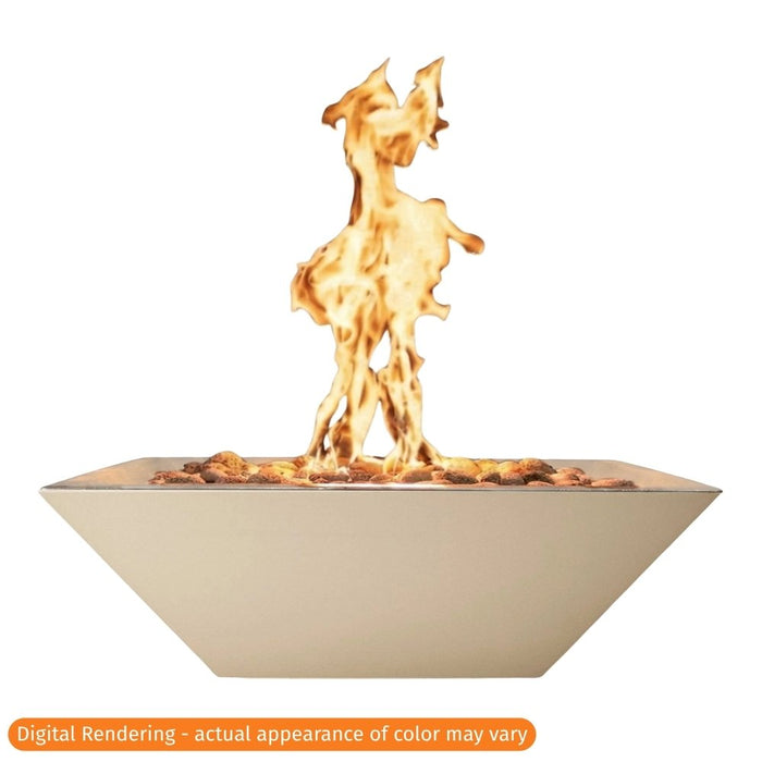 Warming Trends AON Ember 41.75" square concrete fire bowl in color sand with a tall, active flame rising from the rock media, isolated on a white background.