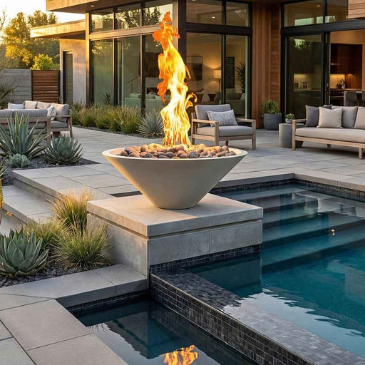 Warming Trends AON Halo 24" Round Concrete Cream Fire Bowl Cream Poolside Lifestyle